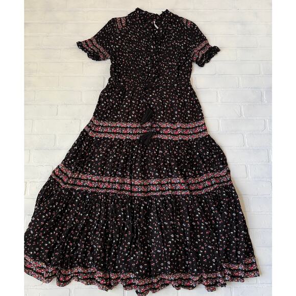 Free People Rare Feelings Boho Maxi Dress Black Floral Tassels sz XS - Picture 2 of 7